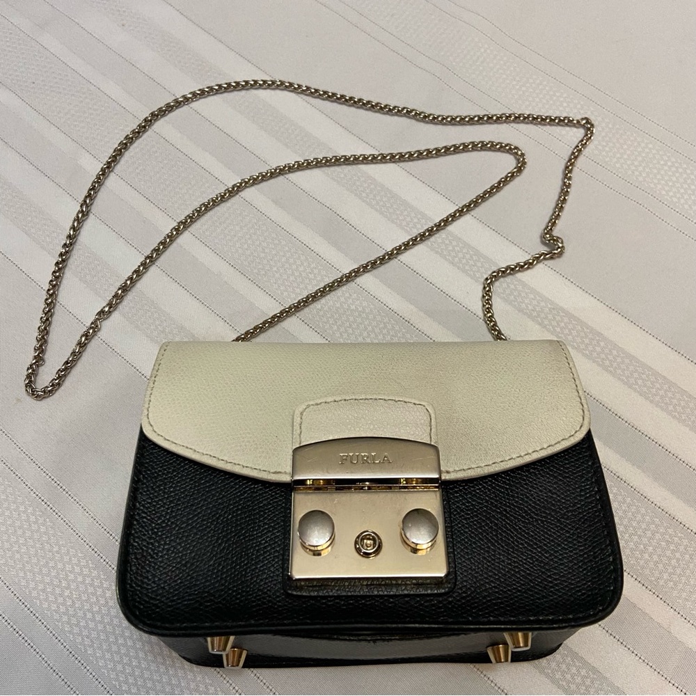FURLA Metropolis Black & White Womens Mini Crossbody- Silver tone Hardware